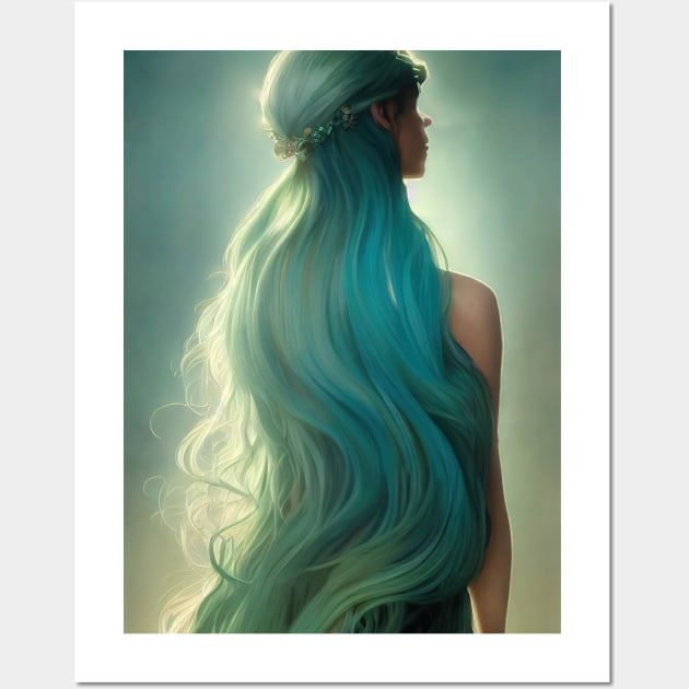 Beautiful woman with long blue hair portrait Wall Art by DyeruArt